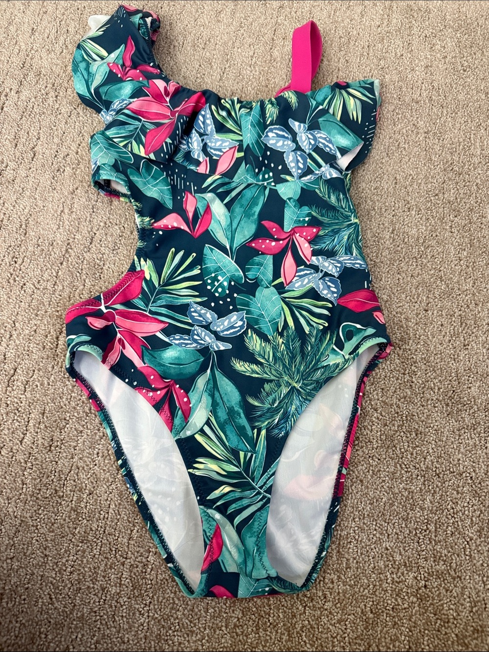 Girls Tropical Leaf One-Piece Swimsuit - Pink & Teal